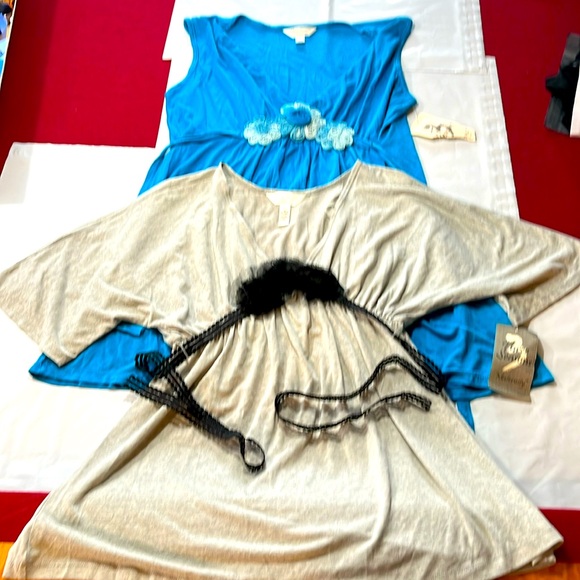 MATERNITY shirts LOT NEW blue gray high waist stretch V-neck flower tie back MED - Picture 2 of 13